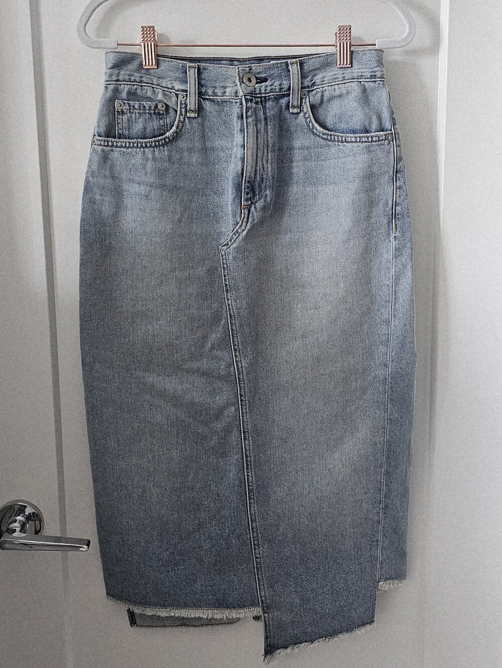 rag & bone Sukato Asymmetrical Frayed Hem Midi Denim Skirt 25